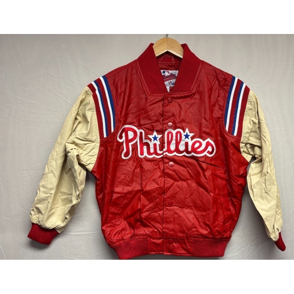 Philadelphia Phillies Majestic Baseball Jacket Youth Red Beige NWT Vintage MED